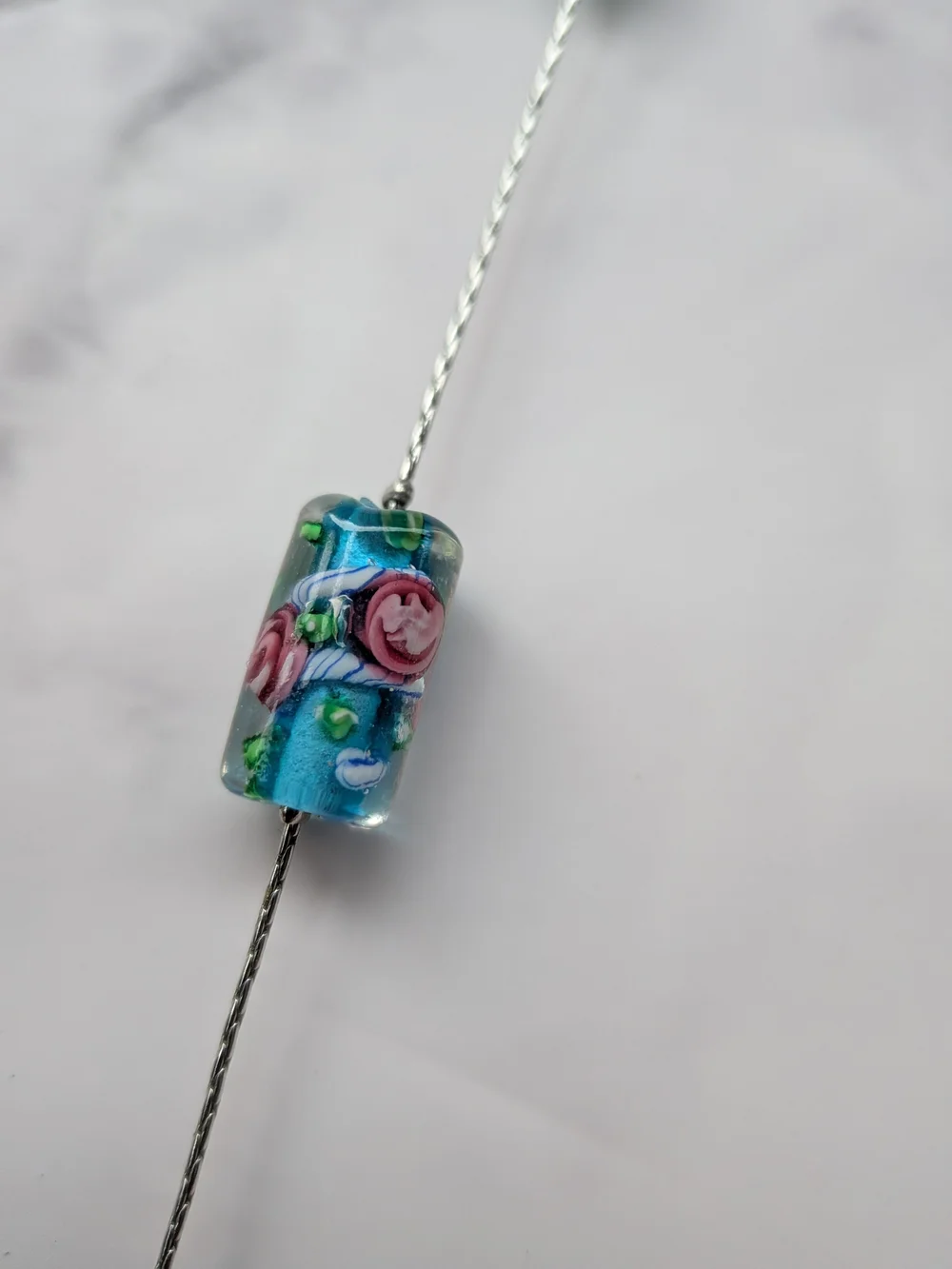 Cookie Lee Blue Lampwork Glass Beaded Station Necklace Floral Crystal - Picture 4 of 5